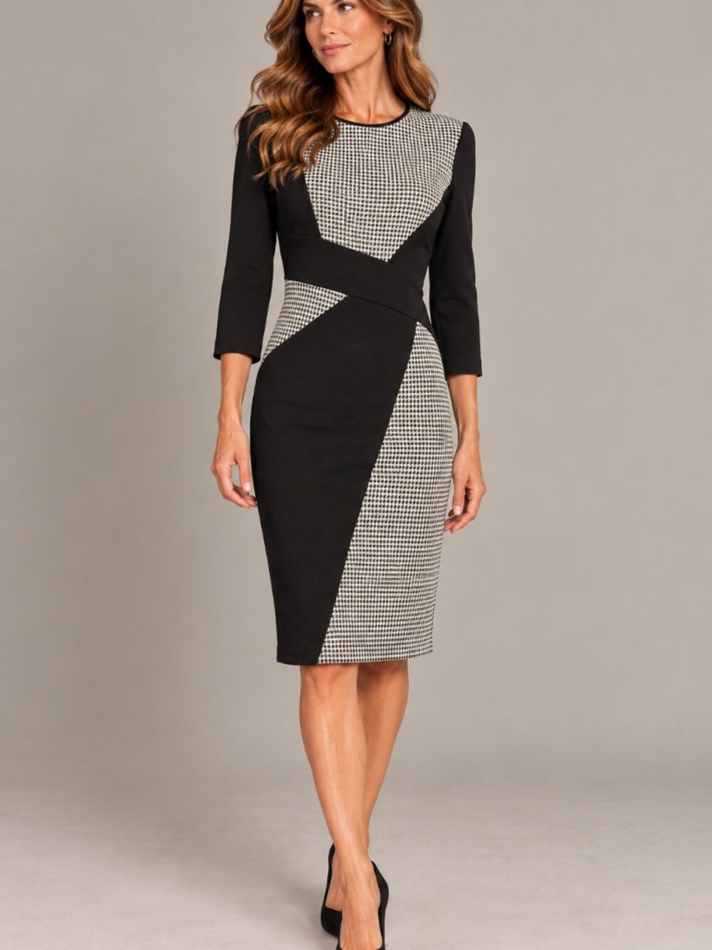 NWOT Classic Black & White Houndstooth Colour Block 3/4 sleeve Sheath Dress